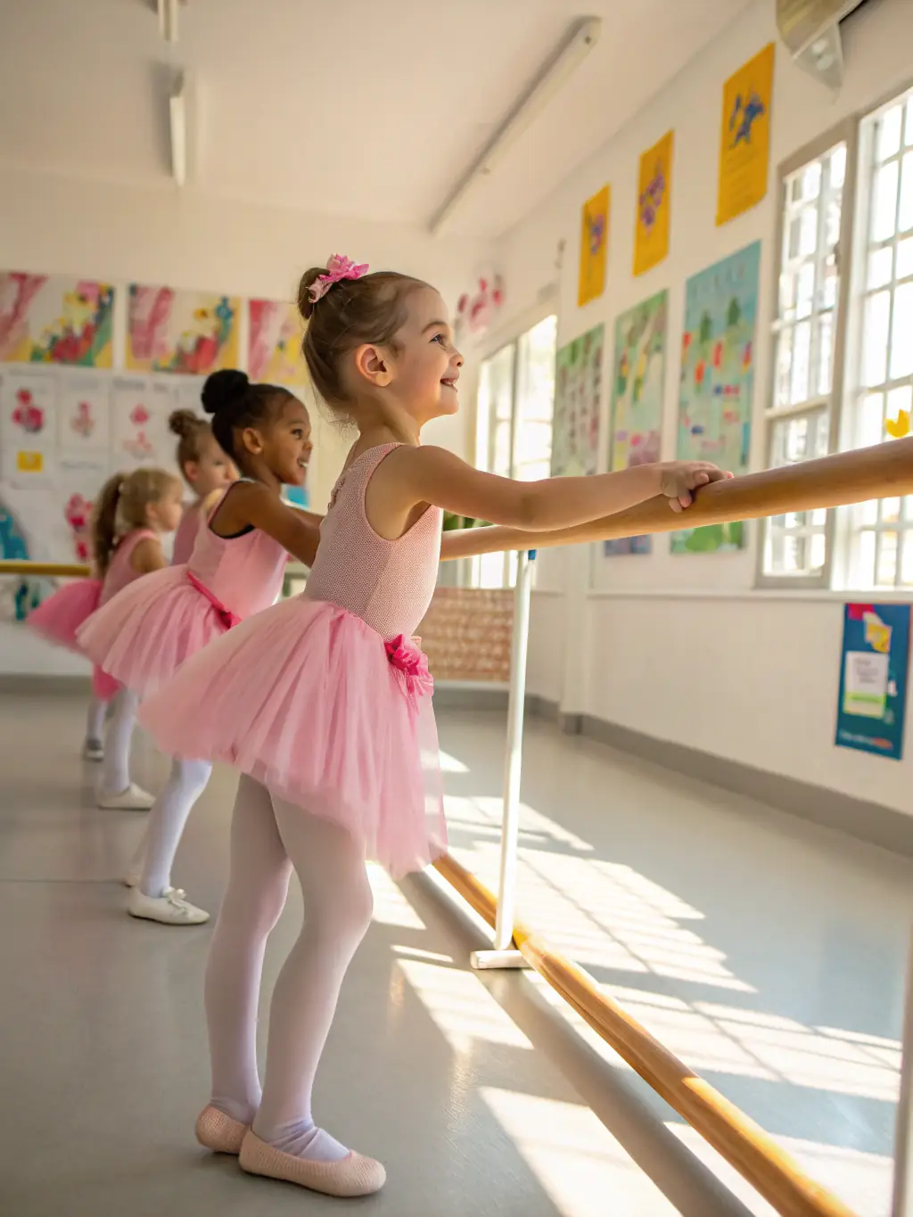A group of young girls, aged 4-6, in pink tutus and ballet shoes, are holding a ballet barre and practicing first position with their instructor in a brightly lit dance studio. The atmosphere is cheerful and encouraging.