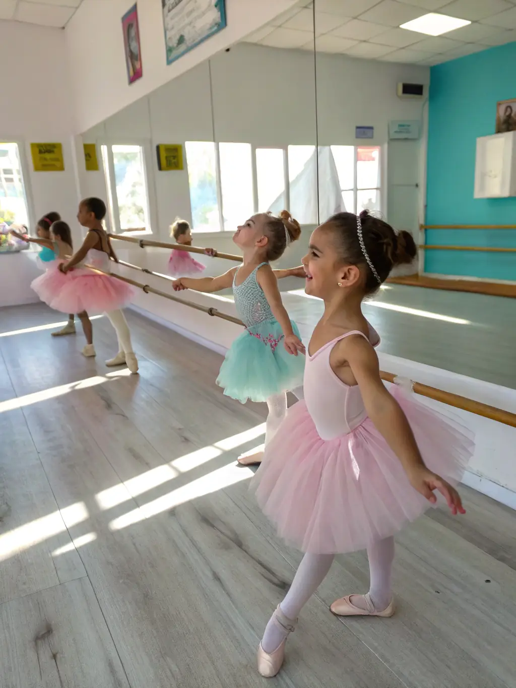 A young girl in a ballet outfit is smiling confidently on stage after a performance. She is holding a bouquet of flowers and surrounded by her classmates.